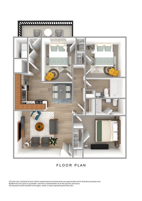 Floor plan for 3 beds, 2 baths, 988 sqft